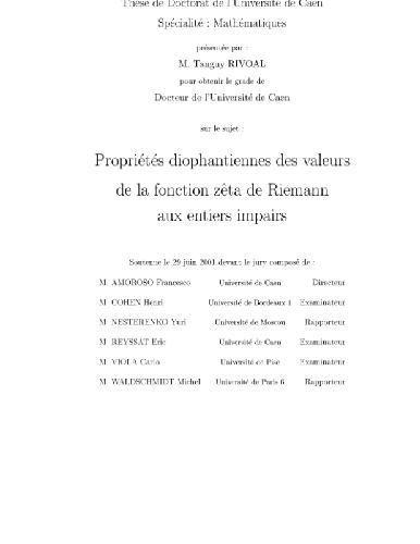 Proprietes diophantiennes des valeurs de la fonction zeta de Riemann aux entiers impairs