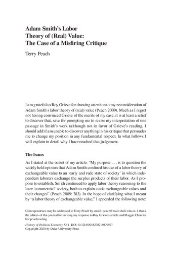 History of Political Economy  Adam Smith’s Labor Theory of (Real) Value The Case of a Misfiring Critique
