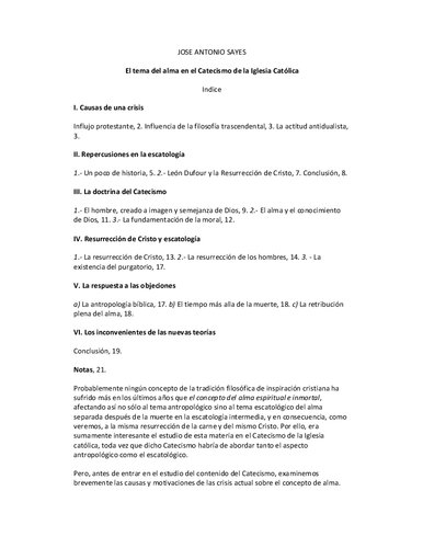 El Tema Del Alma En El Catecismo De La Iglesia Catolica