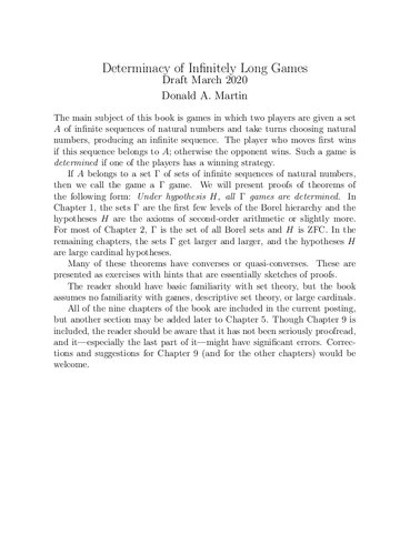 Determinacy of Infinitely Long Games (draft - March 2020)