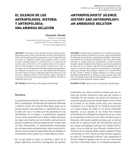 El silencio de los antropólogos. Historia y antropología: una ambigua relación