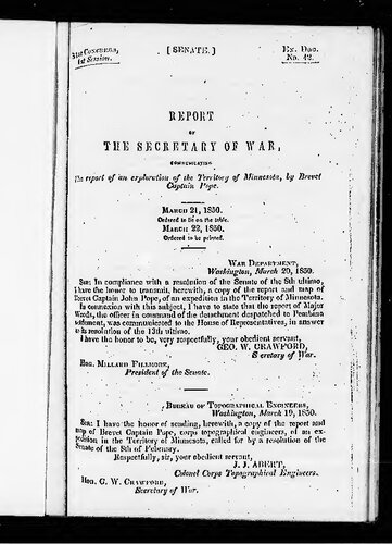 REPORT OF THE SECRETARY OF WAR, COMMUNiCATING The report of an Exploration of the Territory of Minnesota