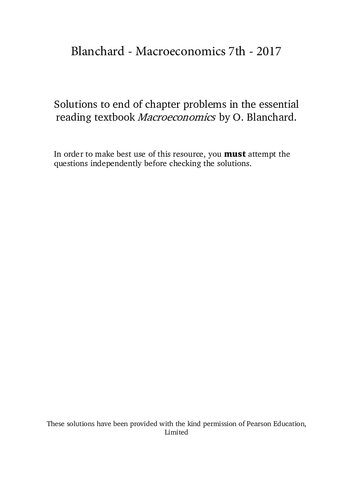 Solutions to end of chapter problems in the essential reading textbook Macroeconomics by O. Blanchard 7th - 2017