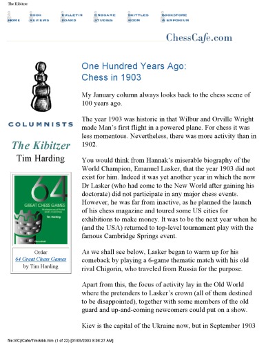 One Hundred Years Ago - Chess in 1903