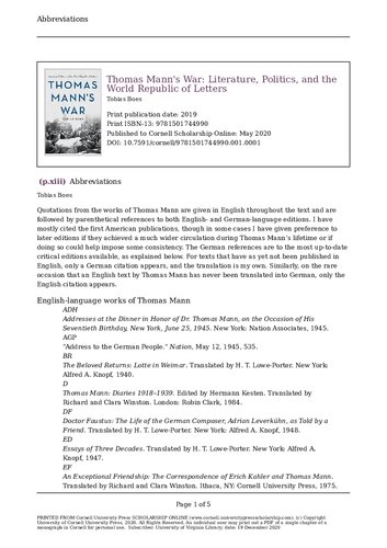 Thomas Mann's War: Literature, Politics, and the World Republic of Letters