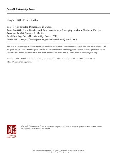 Popular Democracy in Japan: How Gender and Community Are Changing Modern Electoral Politics