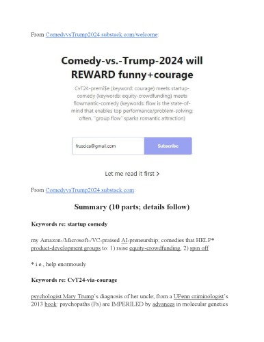 Comedy-vs.-Trump-2024 will REWARD funny+courage: CvT24-premi$e (keyword: courage) meets startup-comedy (keywords: equity-crowdfunding) meets flowmantic-comedy (keywords: flow is the state-of-mind that enables top performance/problem-solving; often, 