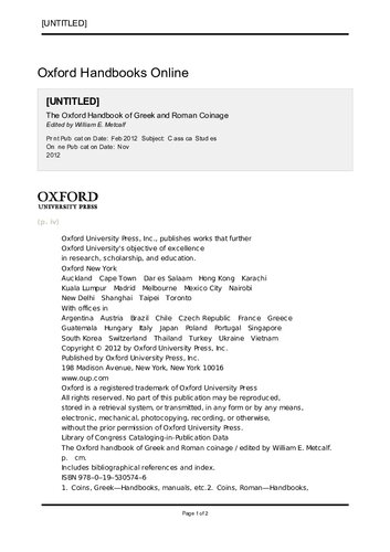 The Oxford Handbook of Greek and Roman Coinage