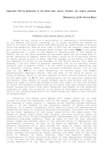 Monastery of the Seven Rays Second Year Course: Sexual Magic