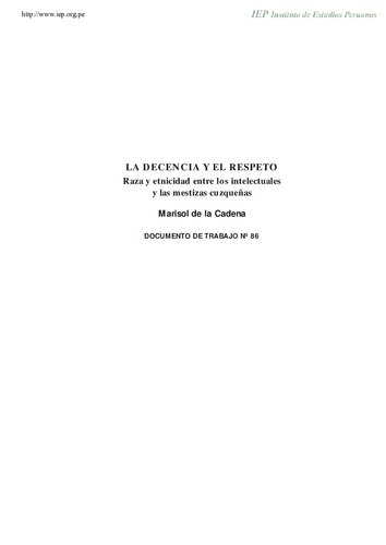 La decencia y el respeto: raza y etnicidad entre los intelectuales y las mestizas cuzqueñas