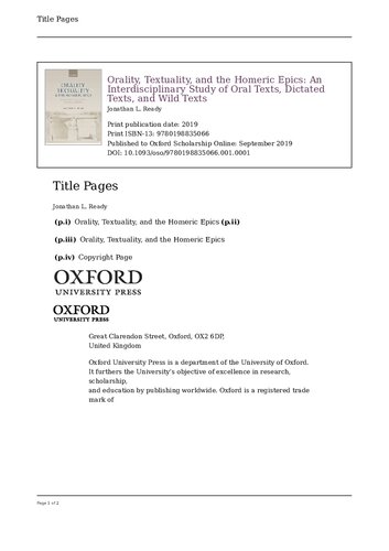 Orality, Textuality, and the Homeric Epics: An Interdisciplinary Study of Oral Texts, Dictated Texts, and Wild Texts