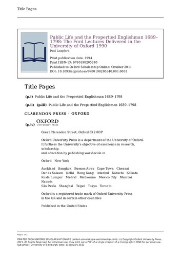 Public Life and the Propertied Englishman 1689-1798: The Ford Lectures Delivered in the University of Oxford 1990