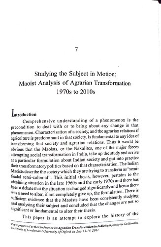 Studying the subject in Motion - Maoist Analysis of Agrarian Transformation 1970s to 2010s
