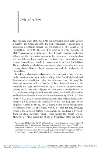 Sultan, Caliph and the Renewer of the Faith: Ahmad Lobbo, the T?r?kh al-fatt?sh and the Making of an Islamic State in West Africa