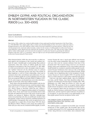 Emblem Glyphs and Political Organization in Northwestern Yucatan in the Classic Period (A.D. 300–1000)