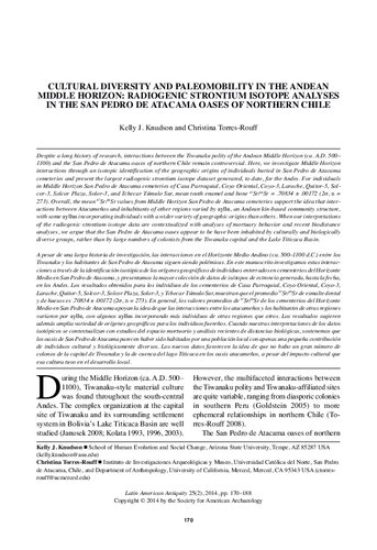 Cultural Diversity and Paleomobility in the Andean Middle Horizon Radiogenic Strontium Isotope Analysis in the San Pedro de Atacama Oases of Northern Chile (Tiwanaku)