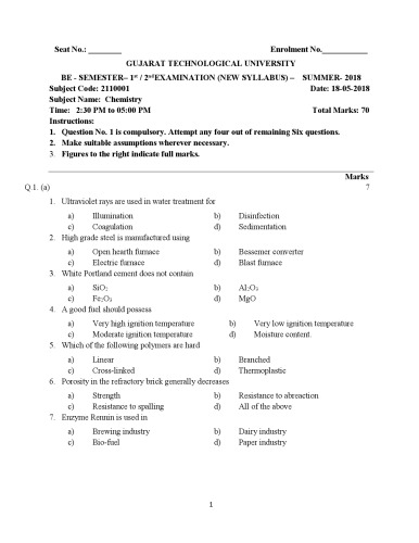 GTU Chemistry SUMMER-2018 Paper