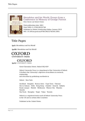Herodotus and His World: Essays from a Conference in Memory of George Forrest
