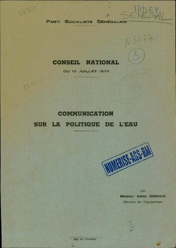 Conseil national du 15 juillet 1978. Communication sur la politique de l’eau