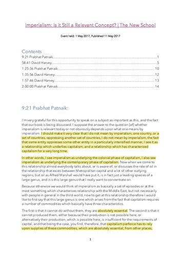 Patnaik vs. Harvey - Imperialism Is it Still a Relevant Concept, The New School TRANSCRIPT