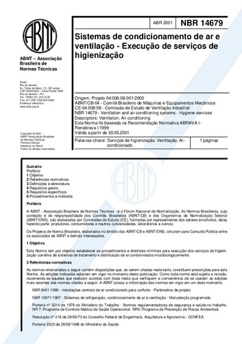 [ABNT NBR 14679:2001] Sistemas de condicionamento de ar e ventilação - Execução de serviços de higienização