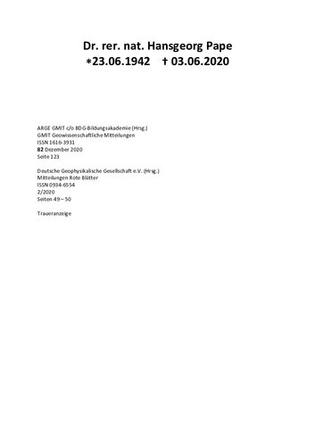 Nachruf Dr. Hansgeorg Pape 1942 - 2020