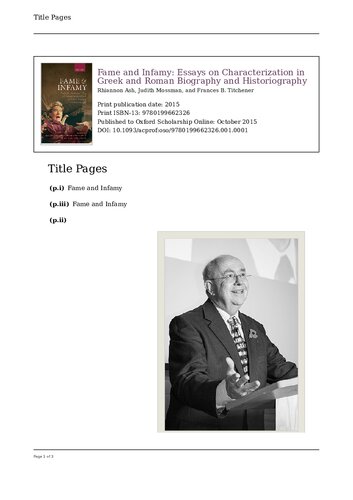 Fame and Infamy: Essays for Christopher Pelling on Characterization in Greek and Roman Biography and Historiography