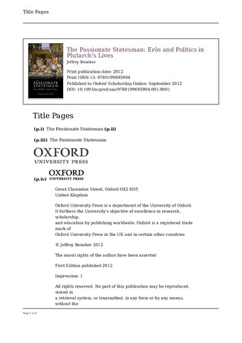 The Passionate Statesman: Eros and Politics in Plutarch's Lives