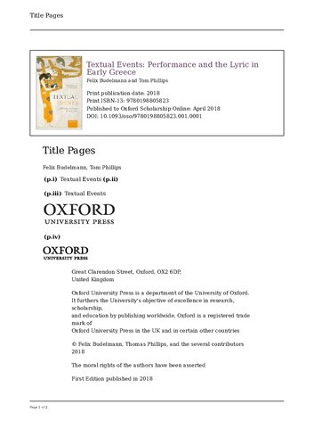 Textual Events: Performance and the Lyric in Early Greece