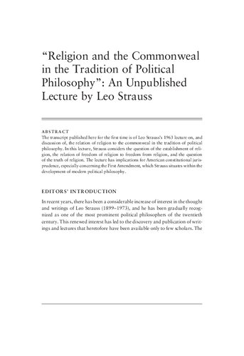 Religion and the Commonweal in the Tradition of Political Philosophy