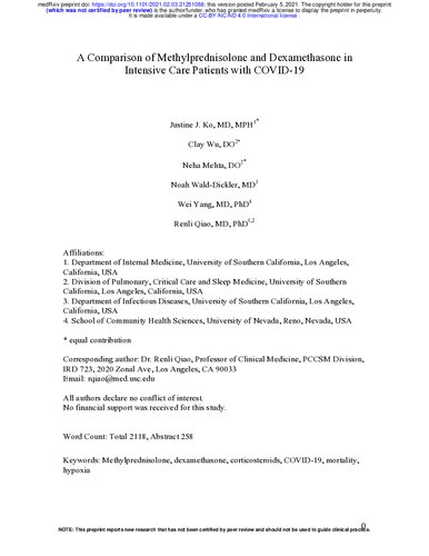 A Comparison of Methylprednisolone and Dexamethasone in Intensive Care Patients with COVID-19