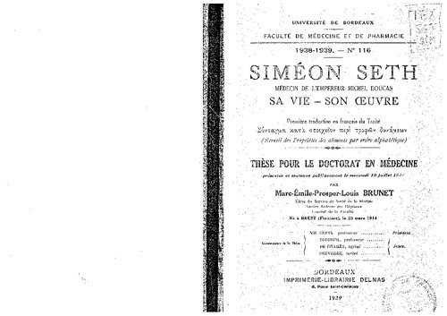 Siméon Seth, Médecin de l'Empereur Michel Doucas. Sa Vie - Son Oeuvre