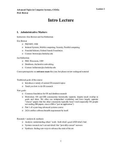 Advanced Topics in Computer Systems Lecture Notes (UCB CS262A)