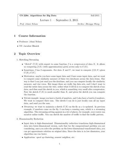 Algorithms for Big Data Lecture Notes (Harvard CS229r)