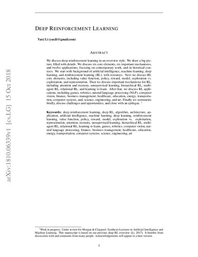 DEEP REINFORCEMENT LEARNING (Yuxi Li)