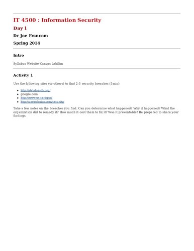 Information Security Lecture Notes (Dixie IT4500)