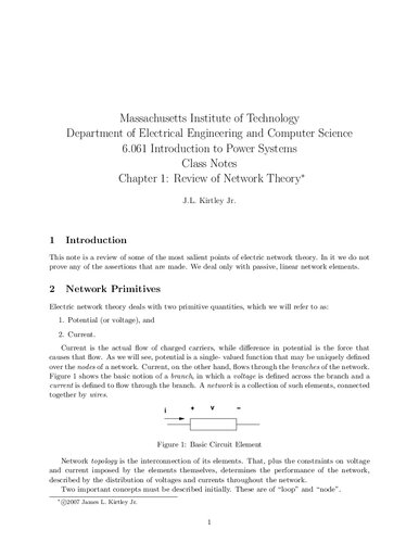 Introduction to Electric Power Systems Lecture Notes (MIT 6.061)