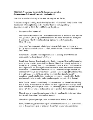 Overcoming Intractability in Machine Learning Lecture Notes (Princeton COS598D)
