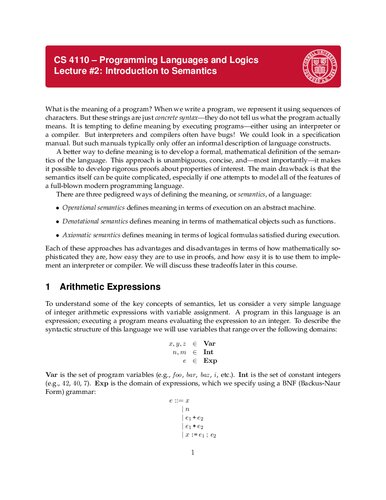 Programming Languages and Logics Lecture Notes (Cornell CS4110)