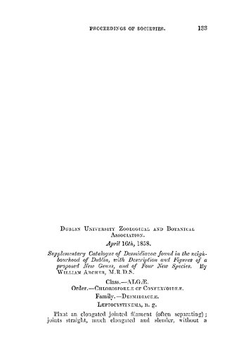 Supplementary Catalogue of Desmidiaceae found in the neighbourhood of Dublin