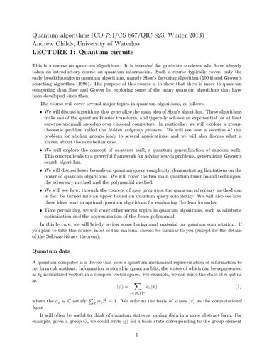 Quantum algorithms Lecture Notes (Waterloo CO781)