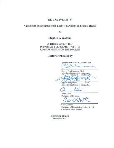 A grammar of Dzongkha (dzo): phonology, words, and simple clauses