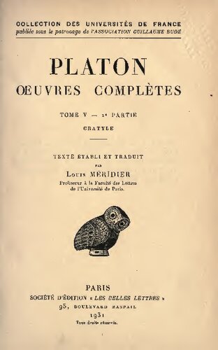 Platon: Œuvres complètes. Tome V, 2e partie: Cratyle