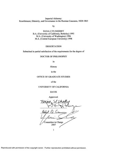 Imperial Alchemy: Resettlement, Ethnicity and Governance in the Russian Caucasus 1828-1865