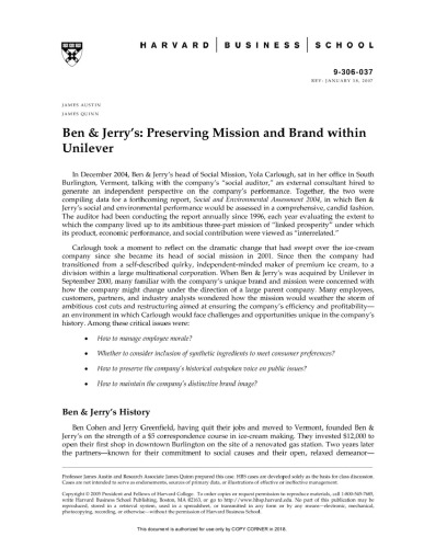 Ben & Jerry’s: Preserving Mission and Brand within Unilever