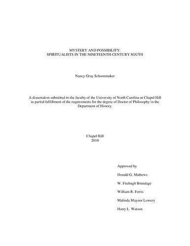 Mystery and Possibility: Spiritualists in the Nineteenth-Century South