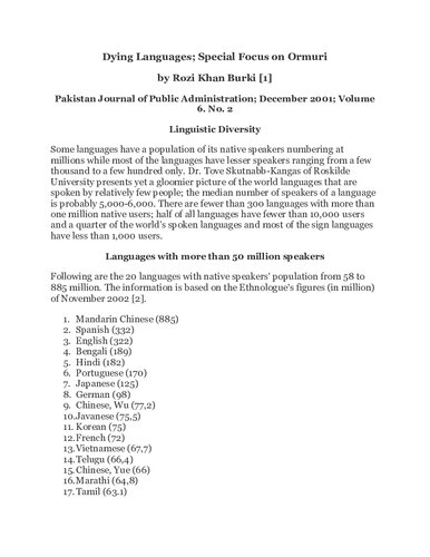 Dying Languages: Special Focus on Ormuri