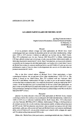 Le Liber particularis de Michel Scot (Michael Scotus)