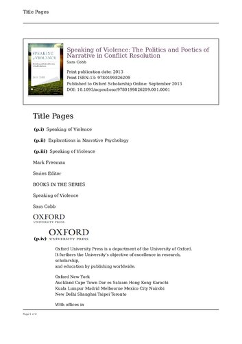 Speaking of Violence: The Politics and Poetics of Narrative in Conflict Resolution