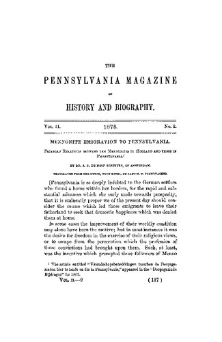 Mennonite Emigration of Pennsylvania. Friendly Relations between the Mennonites in Holland and those in Pennsylvania